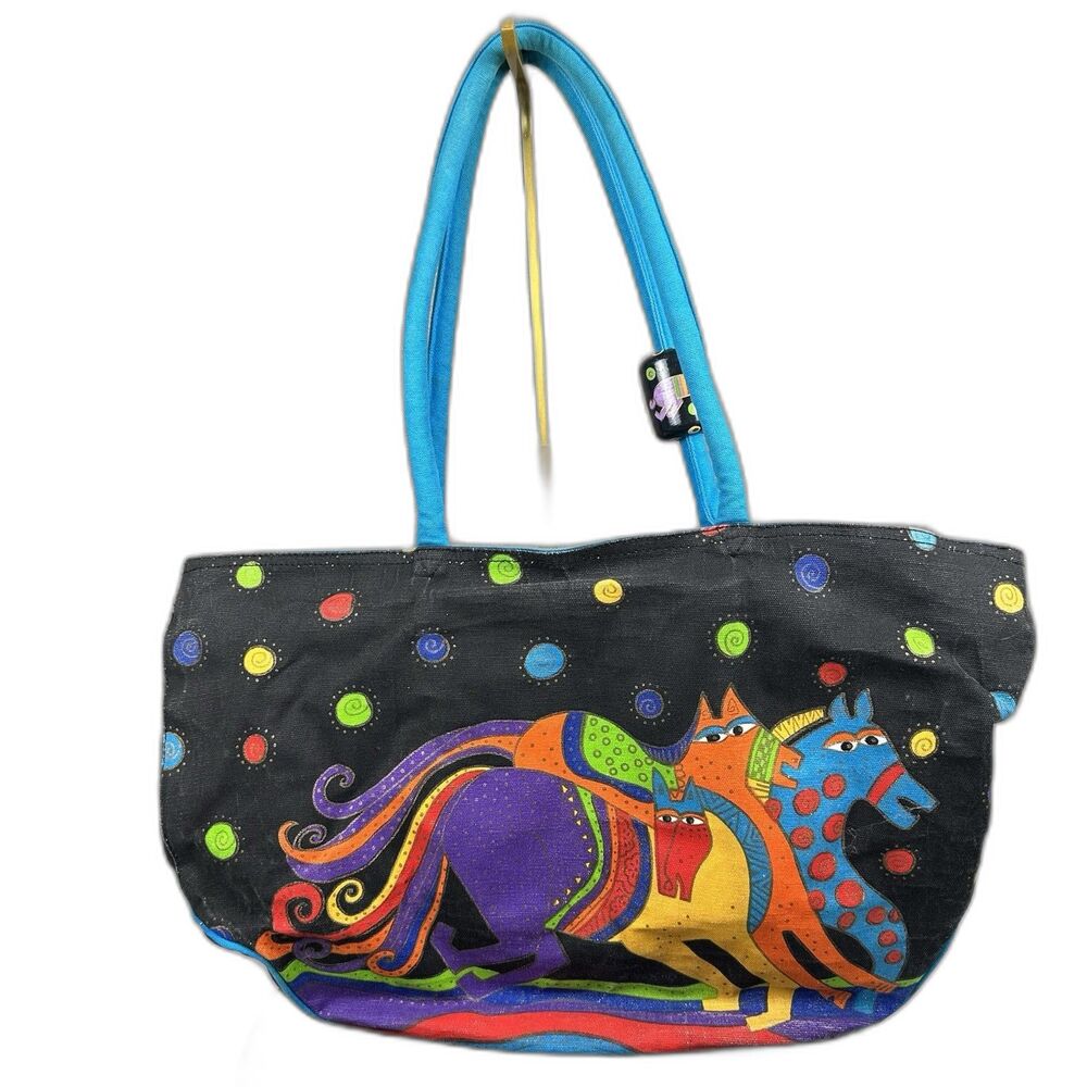 Laurel Burch Horse Horses Canvas Beaded Retired Colorful Artsy Tote Shoulder Bag